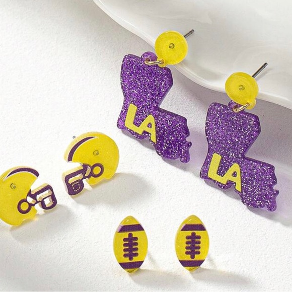LSU Louisiana State University Earrings Studs 3 Pairs - - Purple and Gold - Picture 1 of 4